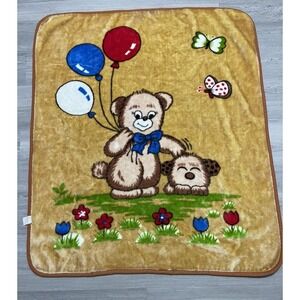 Vintage Mink Baby Blanket Bear Puppy Balloons Butterflies Plush Kawai Brown Rare